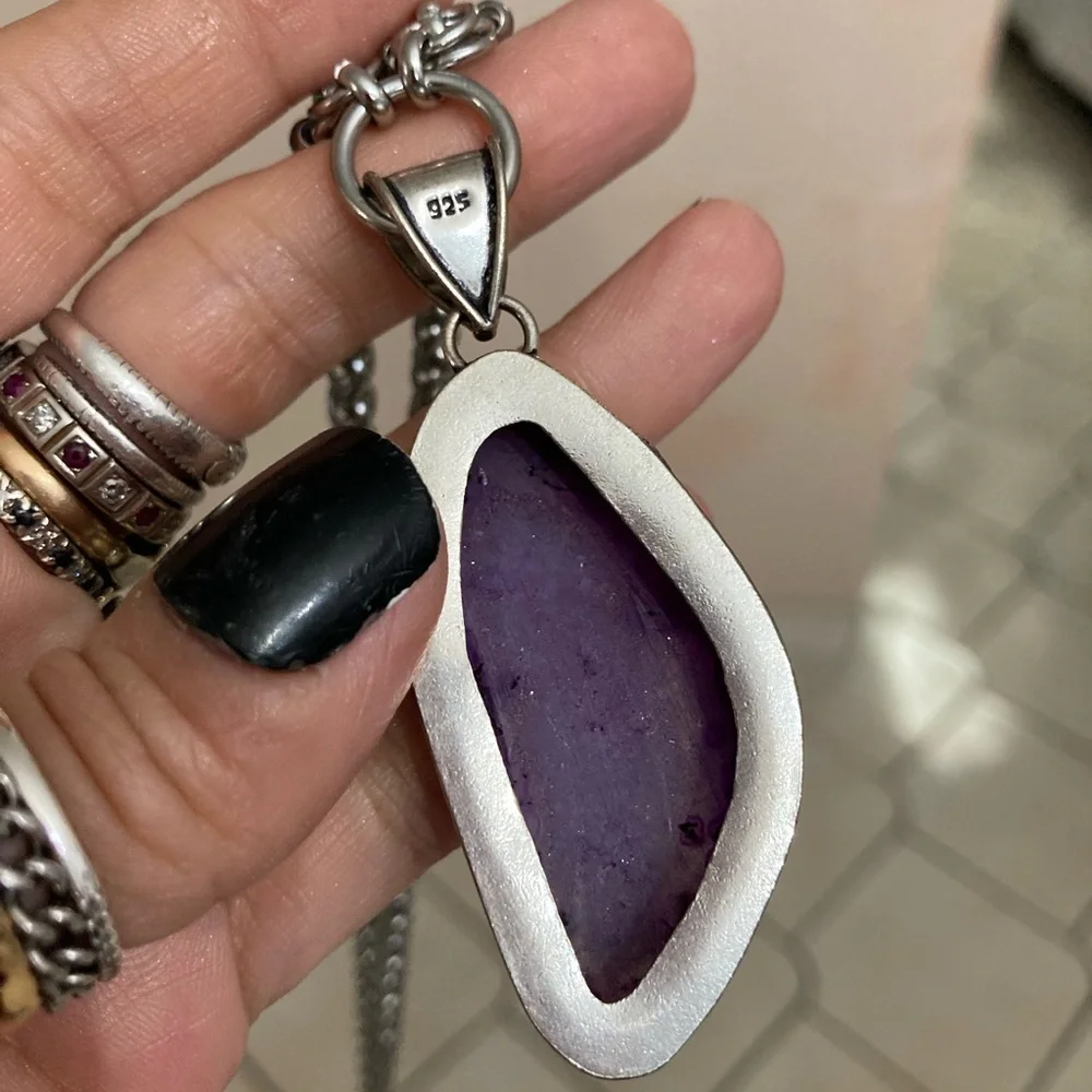 925 sterling silver overlay purple agate gemstone charm maille boho necklace - Picture 6 of 10